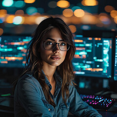 portrait of a developer working in an office. portrait of a young developer with monitors in the bac