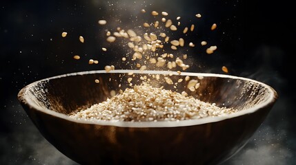 Fototapete - A sharp, true-to-life view of a bowl of rice topped with sesame seeds and furikake seasoning, showing each grain in detail. Cinematic Scene, 4k resolution, cinematic scene