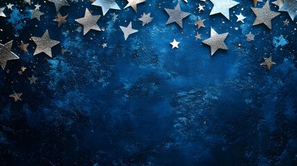 Poster - A graphic design of glowing, layered stars in metallic silver and gold tones, scattered on a textured, deep blue background, adding a luxurious, cosmic feel. Cinematic Scene, 4k resolution, cinematic
