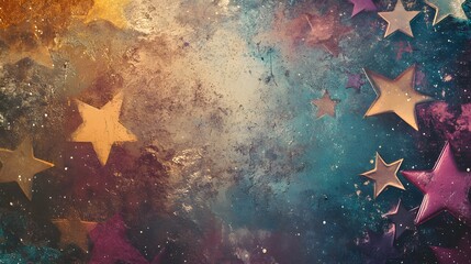 Poster - An abstract digital art piece with layered star elements in a combination of soft pastels and metallics, scattered across a textured, celestial background. Cinematic Scene, 4k resolution, cinematic