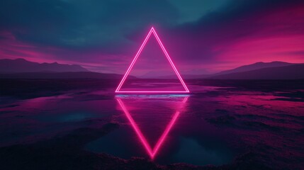 Wall Mural - A glowing pink triangle reflecting on a dark landscape under a colorful sky.