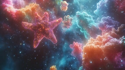 Poster - A vibrant digital art piece featuring multi-colored stars with textured edges, layered over a galaxy background filled with subtle clouds and nebulae. Cinematic Scene, 4k resolution, cinematic scene