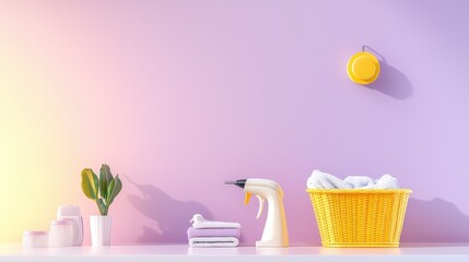 Poster - Close-up of a laundry basket and iron on a purple background, showcasing a clean and functional home setup with bright, fresh colors