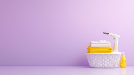 Poster - Close-up of a laundry basket and iron on a purple background, showcasing a clean and functional home setup with bright, fresh colors