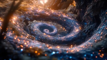 Poster - A digital art piece with shimmering stars in a spiral pattern, layered over a detailed galaxy with colorful textures and light accents. Cinematic Scene, 4k resolution, cinematic scene