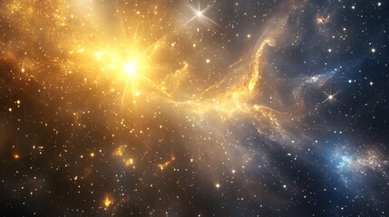 Poster - An abstract digital composition with stars in shades of gold and silver, layered with cosmic textures and subtle galaxy patterns. Cinematic Scene, 4k resolution, cinematic scene
