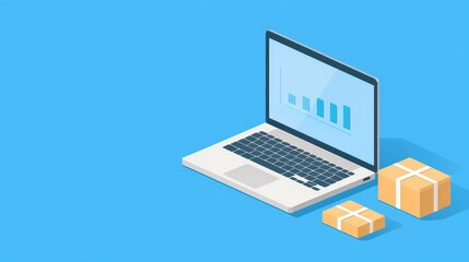 Poster - A modern laptop displaying analytics, surrounded by packages, symbolizing e-commerce and online business.