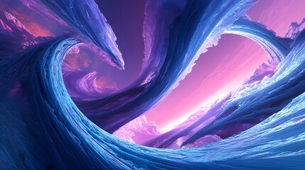 Poster - A hyper-futuristic digital landscape with abstract, glowing structures reaching toward a gradient sky, blending vibrant hues of blue and purple for a dreamlike effect. No text, no logo, wide angle