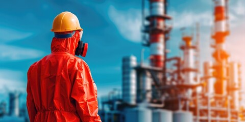 Poster - a worker in protective gear observes an industrial facility, highlighting safety in chemical process