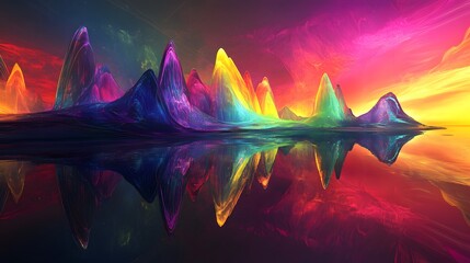Poster - A futuristic horizon with neon lights and abstract structures rising from a reflective surface, blending vibrant colors in a conceptual digital art style. No text, no logo, wide angle shot, 4k