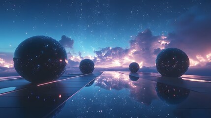 Poster - A dreamlike digital environment with reflective pathways and glowing orbs, set against a futuristic night sky filled with stars. No text, no logo, wide angle shot, 4k resolution, cinematic scene