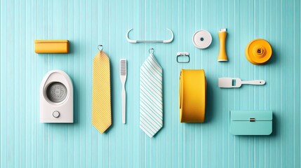 Poster - Iron and folded tie arranged on a striped backdrop, creating a stylish and organized look for clothing care essentials, soft and simple colors