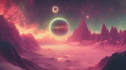 Aufkleber - A cosmic-inspired landscape with layered, floating shapes and holographic textures, creating a high-tech, dreamlike atmosphere. No text, no logo, wide angle shot, 4k resolution, cinematic scene