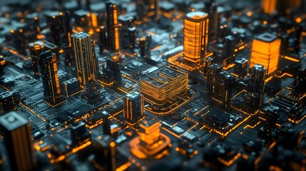 Poster - A futuristic cityscape with intricate digital pathways, glowing edges, and layered textures, creating a hyper-realistic sci-fi atmosphere. No text, no logo, wide angle shot, 4k resolution, cinematic
