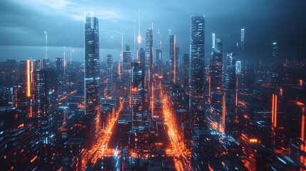 Poster - A futuristic cityscape with intricate digital pathways, glowing edges, and layered textures, creating a hyper-realistic sci-fi atmosphere. No text, no logo, wide angle shot, 4k resolution, cinematic