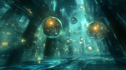 Aufkleber - A conceptual sci-fi composition with floating spheres and iridescent surfaces, set in a dreamlike, digital environment. No text, no logo, wide angle shot, 4k resolution, cinematic scene