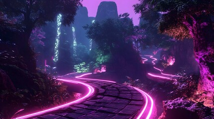 Poster - A hyper-realistic digital landscape with neon pathways and reflective surfaces, blending conceptual and sci-fi elements seamlessly. No text, no logo, wide angle shot, 4k resolution, cinematic scene