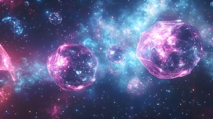 Poster - A futuristic, abstract scene with geometric shapes and soft, glowing edges, set against a textured cosmic background. No text, no logo, wide angle shot, 4k resolution, cinematic scene