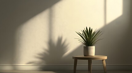 Poster - A minimalistic room with a neutral color palette, featuring a single potted plant on a small wooden table, capturing clean lines and simplicity. No text, no logo, wide angle shot, Cinematic Scene, 4k