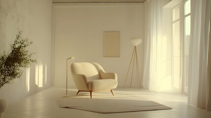 Poster - A clean, open room with white walls and a soft beige armchair, accented by a floor lamp in a minimalist setting, exuding calmness. No text, no logo, wide angle shot, Cinematic Scene, 4k resolution,