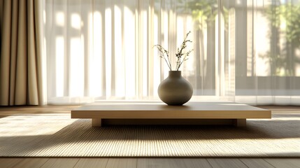 Poster - A serene space with a low, modern coffee table, decorated with a single vase on a neutral rug in a softly lit, uncluttered room. No text, no logo, wide angle shot, Cinematic Scene, 4k resolution,