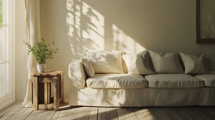 Aufkleber - An airy, neutral-toned living room with a simple sofa and a wooden side table, minimal d cor for a tranquil, spacious feel. No text, no logo, wide angle shot, Cinematic Scene, 4k resolution,