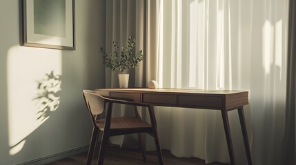Aufkleber - A clean, neutral workspace featuring a simple wooden desk, a chair, and a single decorative item for a focused, minimal aesthetic. No text, no logo, wide angle shot, Cinematic Scene, 4k resolution,