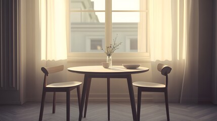 Poster - A minimal dining area with a round table, two chairs, and a single centerpiece, evoking a serene and uncluttered atmosphere. No text, no logo, wide angle shot, Cinematic Scene, 4k resolution,