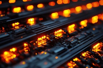 Poster - Glowing circuit boards with orange lights, intricate electronic components, close-up view, technology, data processing