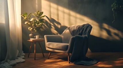 Poster - A quiet reading corner with a chair, soft blanket, and single side table, perfect for relaxation in a minimalist setting. No text, no logo, wide angle shot, Cinematic Scene, 4k resolution, cinematic