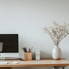 Wall Mural - A neutral workspace with a clean desk, minimal accessories, and natural light, conveying simplicity and focus. No text, no logo, wide angle shot,