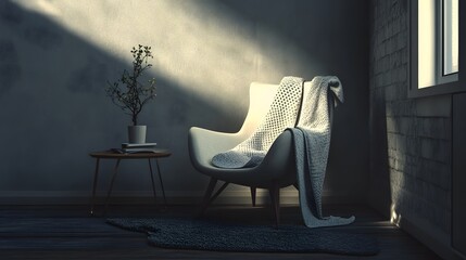 Poster - A quiet reading corner with a chair, soft blanket, and single side table, perfect for relaxation in a minimalist setting. No text, no logo, wide angle shot, Cinematic Scene, 4k resolution, cinematic