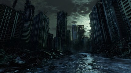 Poster - A hyper-futuristic cityscape in decay, with skyscrapers fading into darkness, symbolizing the collapse of an economic empire in a surreal, digital environment. No text, no logo, wide angle shot, 4k