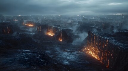 Poster - A conceptual landscape of crumbling digital structures with glowing data streams, representing the fragile state of global economics in a futuristic dystopia. No text, no logo, wide angle shot, 4k