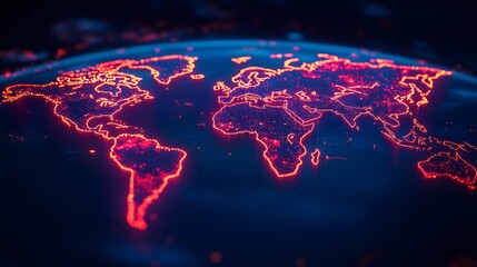 Poster - A conceptual global map in neon lights, showing fragmented regions, visualizing the fragility of interconnected economies. No text, no logo, wide angle shot, 4k resolution, cinematic scene