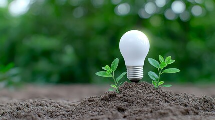 Poster - On a pile of soil, a tiny tree and a light bulb glow.