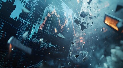 Wall Mural - An abstract composition of collapsing stock charts and broken financial symbols set against a dreamlike sci-fi background. No text, no logo, wide angle shot, 4k resolution, cinematic scene