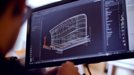 Poster - Close-up of a computer screen displaying a 3D CAD model, with an engineer's hand adjusting the design.