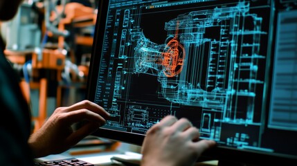 Poster - Close-up of a computer screen displaying a complex 3D CAD design, with an engineer adjusting parameters.