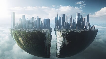 Poster - A conceptual digital world, split in half, symbolizing a fractured global economy on the brink of bankruptcy in a futuristic setting. No text, no logo, wide angle shot, 4k resolution, cinematic scene