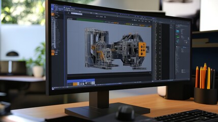 Poster - Close-up of an engineer's workstation with a 3D CAD model displayed on a high-resolution screen.