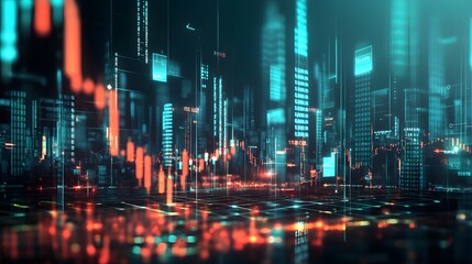 Poster - A cybernetic city fading into darkness, surrounded by floating economic symbols, portraying the instability of globalized markets. No text, no logo, wide angle shot, 4k resolution, cinematic scene