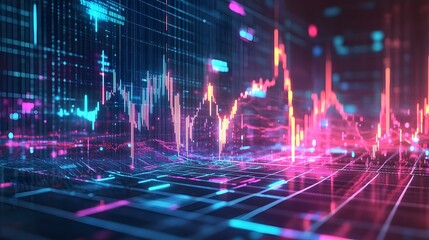 Poster - An abstract representation of collapsing digital charts and graphs, set against a neon-lit, futuristic background symbolizing economic despair. No text, no logo, wide angle shot, 4k resolution,