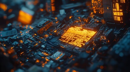 Poster - A crumbling cyber cityscape with dimly lit stock markets, representing a world on the edge of economic collapse in hyper-futuristic detail. No text, no logo, wide angle shot, 4k resolution, cinematic