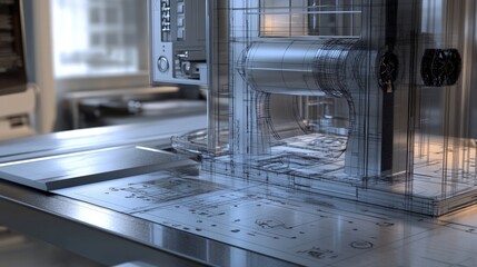 Poster - Detailed view of a CAD workstation, engineer designing a complex 3D structure with precise measurements