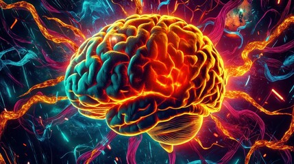 Poster - Glowing Neon Brain with Electric Energy Lines in Abstract Style