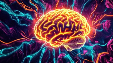 Poster - Glowing Neon Brain with Electric Energy Lines in Abstract Style