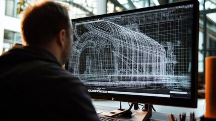 Poster - Engineer designing complex 3D models on CAD software, with detailed wireframe structures on the screen.