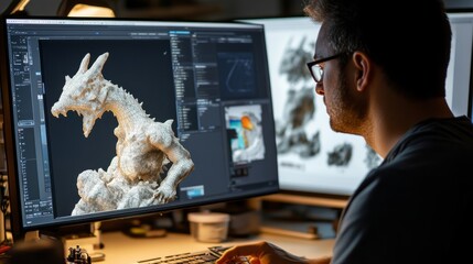 Poster - Engineer focused on CAD software, refining a 3D prototype model with detailed elements displayed on screen.