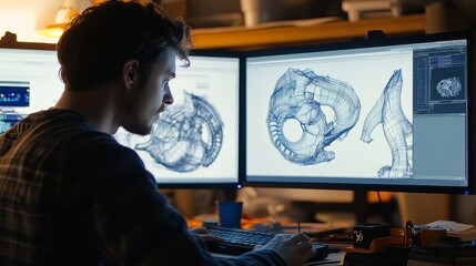 Poster - Engineer focused on creating a 3D CAD model on a dual-monitor computer setup, intricate designs visible on the screen.